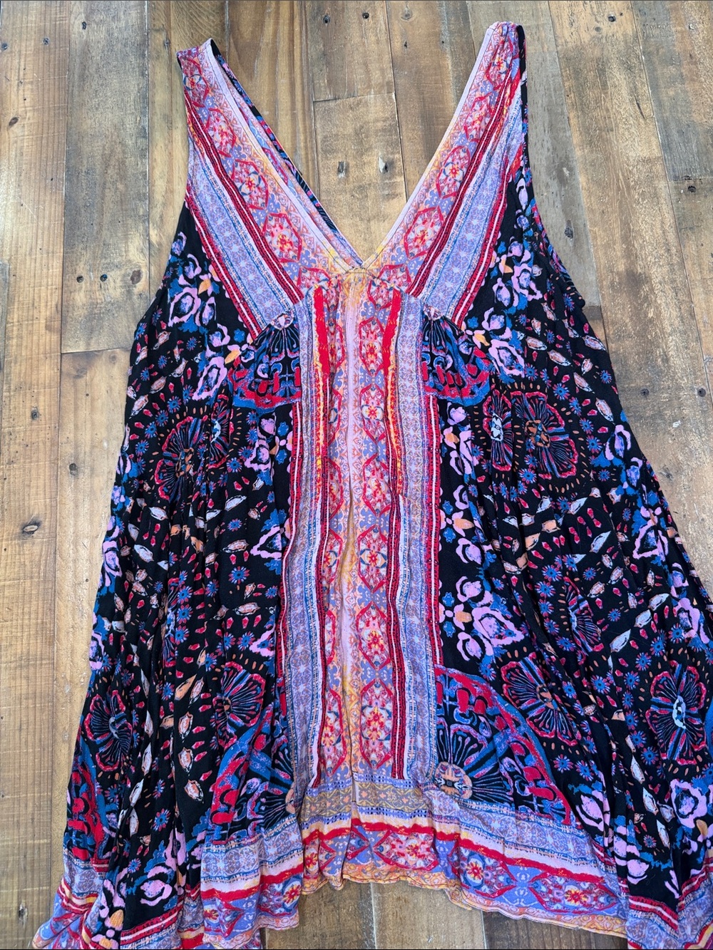 Free People V‑Neck Boho Mini Dress in Black, Red, Pink